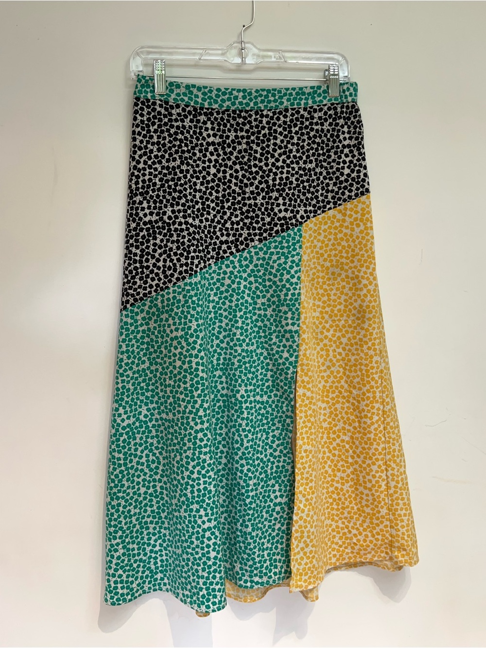 POPSUGAR A-LINE MIDI SKIRT COLORBLOCK FOUR LEAF CLOVER GREEN YELLOW AND BLACK